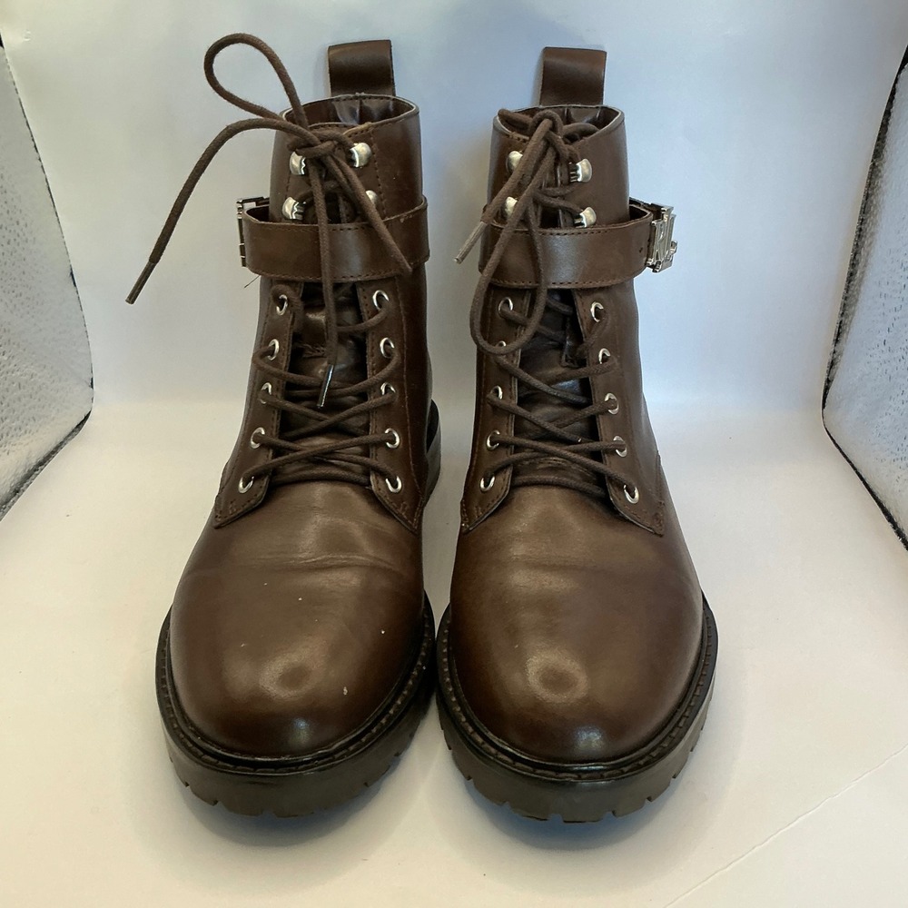 Lauren Ralph Lauren Elridge Brown Leather‎ Combat Boots Logo Buckle 7.5